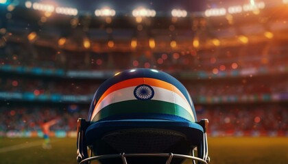 Cricket Helmet with Indian Flag on Stadium Grass