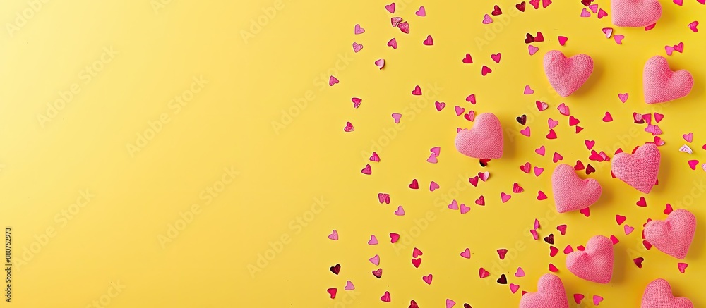 Poster Yellow background with pink textile hearts confetti on a banner suitable for adding text in the copy space image