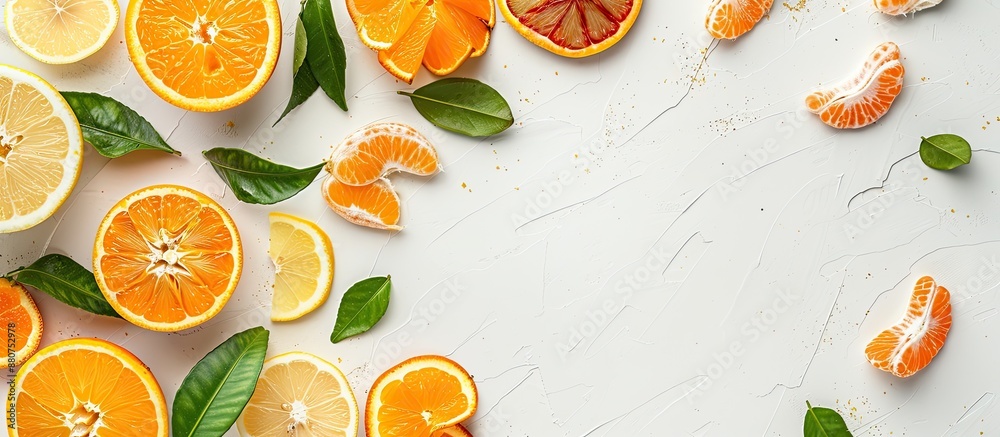 Poster Various sliced citrus fruits and leaves arranged on a white table in a flat lay style with room for text on the image. copy space available