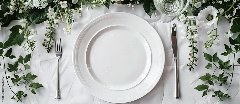 Poster a chic table arrangement featuring a pristine white plate surrounded by silver cutlery and delicate 