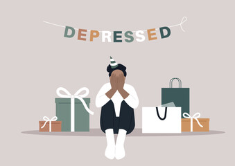 A person sits surrounded by presents, their face hidden in their hands, overwhelmed by the weight of a celebration they don't feel