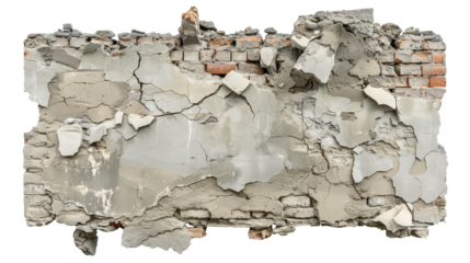 A collapsed, cracked or broken concrete brick isolated on transparent or white background 