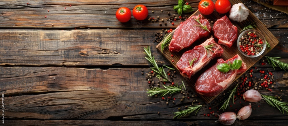 Aufkleber a flat lay wooden table displaying fresh raw meat steaks alongside spices offering a copy space imag