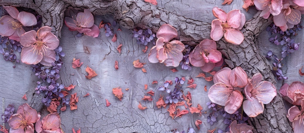 Poster top down view of a wide composition featuring pink flowers and purple dried petals on a tree backgro