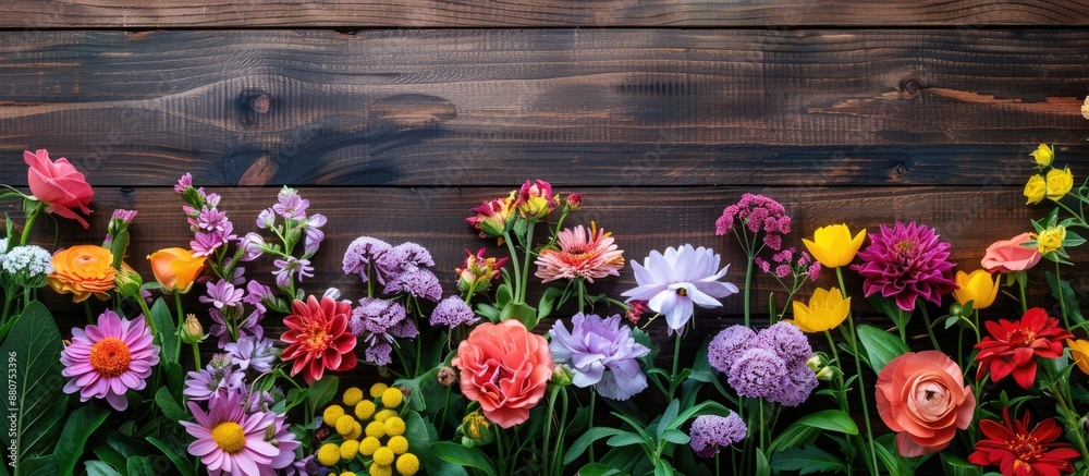 Aufkleber Variety of garden blooms on a wooden backdrop with room for text Top view with a copy space image