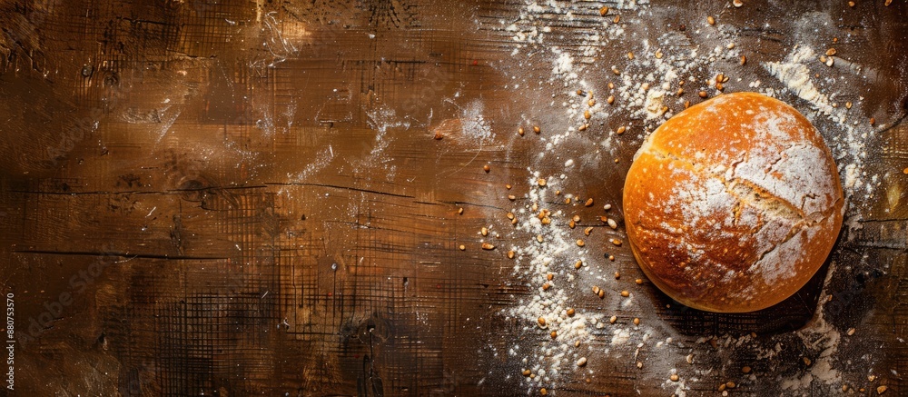 Poster a rustic image with a fresh white bread french bun made of wheat flour on a table suitable for a mea