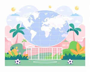 Naklejka premium Sports field, world continents, silver award ceremony, flat design illustration