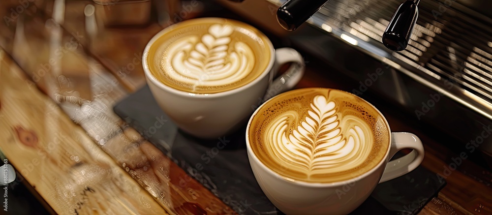 Poster Coffee shop serving latte art with a beautiful presentation in a scene perfect for a copy space image