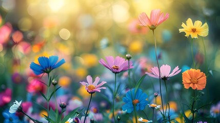 A vibrant garden filled with colorful wildflowers, blooming in the warm sunlight of springtime. creating an enchanting scene that captures nature's beauty at its most lush.