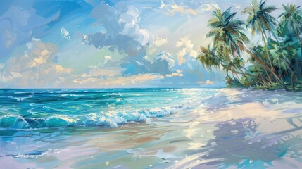 Fototapeta premium Picturesque Tropical Beachscape with Swaying Palm Trees and Tranquil Azure Waters at Dawn