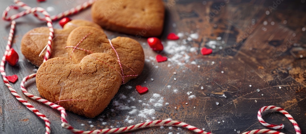 Poster Heart shaped cookies with red and white twine decorations for the holidays on a background with empty space for writing like a banner. copy space available