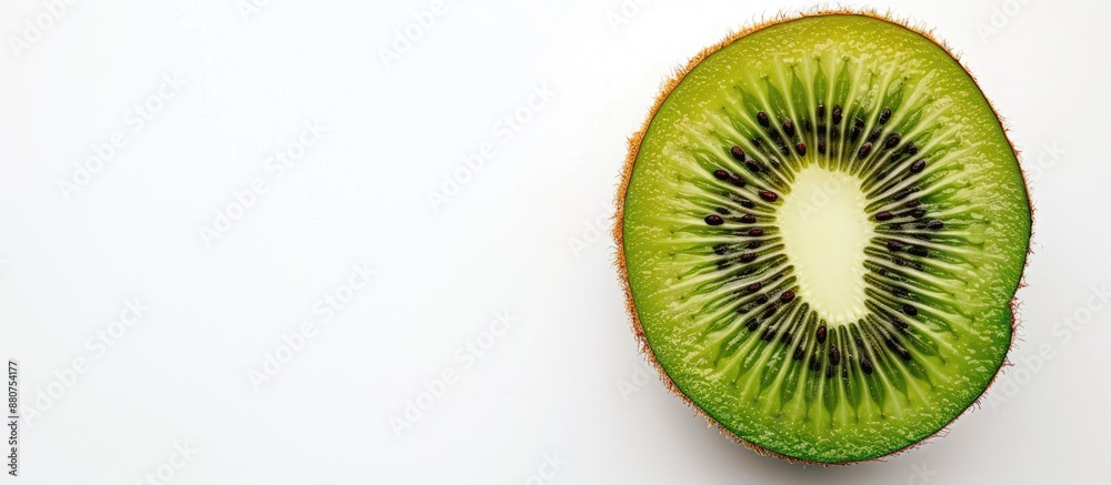 Poster a kiwi fruit displayed against a white backdrop with a blank space for text or images. copy space av