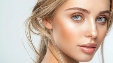 Fototapeta premium Flawless Blonde Beauty with Luminous Skin and Serene Facial Expression Spa and Skincare Treatments Concept