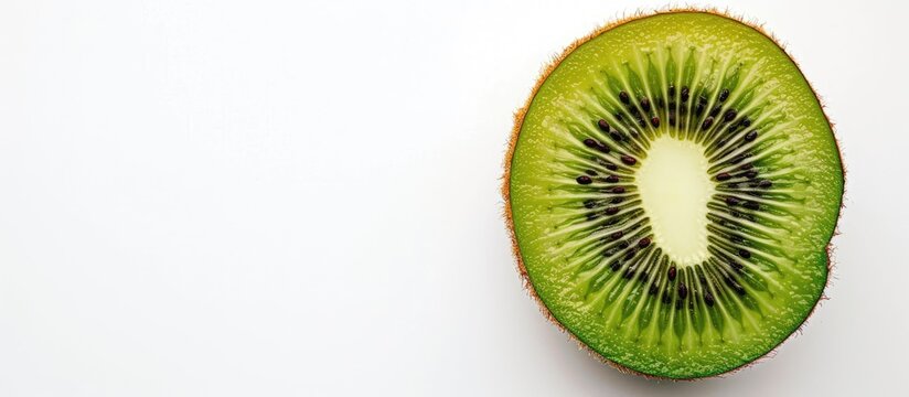 A kiwi fruit displayed against a white backdrop with a blank space for text or images. copy space available