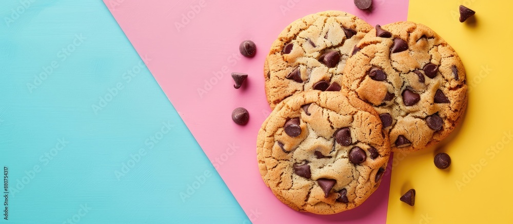 Poster Delicious cookies with chocolate chips on a colorful backdrop with copy space image