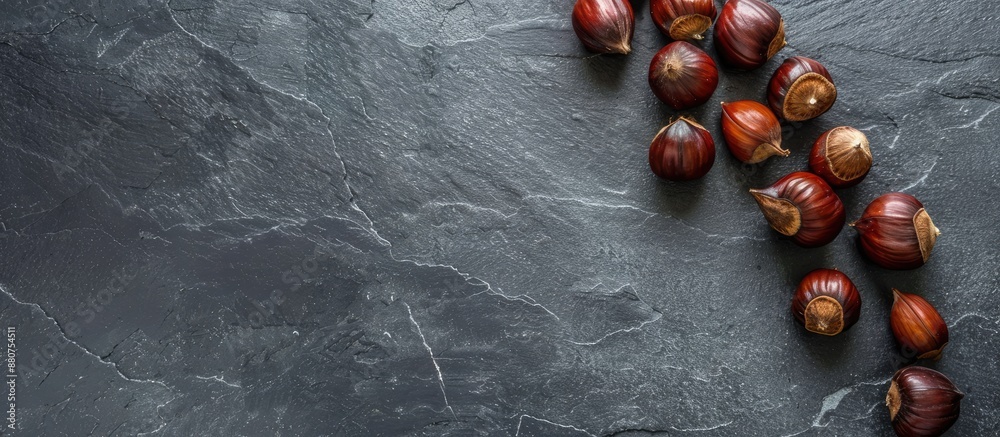 Poster Chestnuts roasted on a slate backdrop with ample copy space image