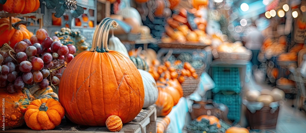Poster Concept of fall feasts and markets with an orange pumpkin in a shopping setting featuring a thematic display with copy space image