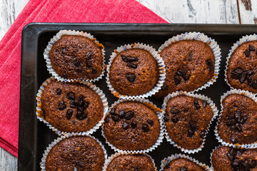 Tray of freshly baked chocolate muffins with chocolate chips on top, placed on a red cloth and white wooden table.