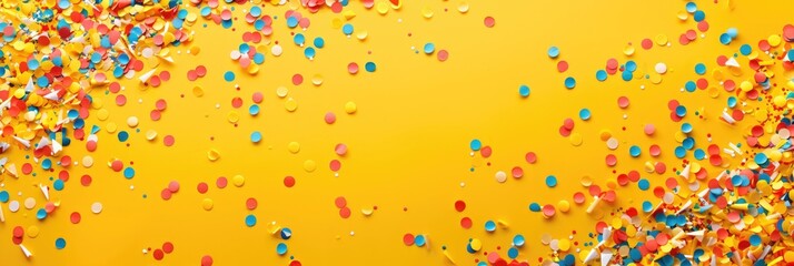 Yellow Banner with Colorful Confetti Bursting in Celebration