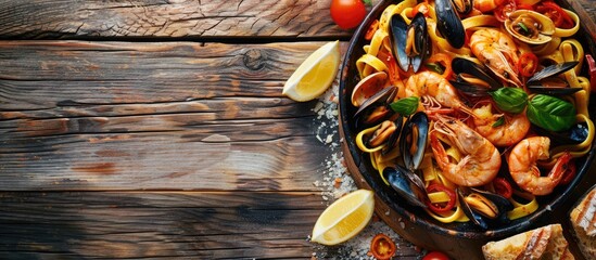 Top view of seafood pasta on a rustic wooden table with room for text in the image. copy space available