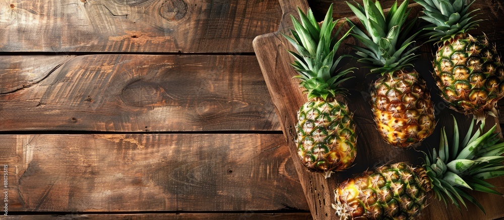 Poster pineapple on a cutting board displayed on a wooden table with ample copy space image
