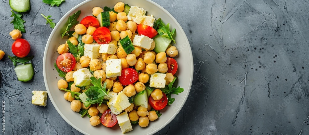 Poster top down view of a homemade vegan chickpea salad featuring fresh vegetables and vegan cheese with av
