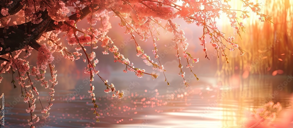 Aufkleber Pink sakura blossoms and willow branches create a serene scene with a copy space image