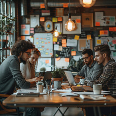 a group of people sitting around a table with laptops

