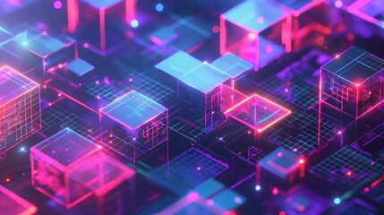 Obraz premium Abstract Technology Background with Purple and Blue Blocks Representing Blockchain Technology for Poster, Banner, and Web Design. Futuristic Digital Concept