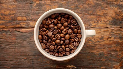Fototapeta premium White coffee cup filled with coffee beans on wooden table from top view space for text morning freshness concept