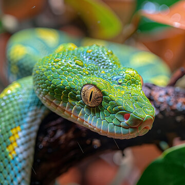a green snake with a yellow stripe

