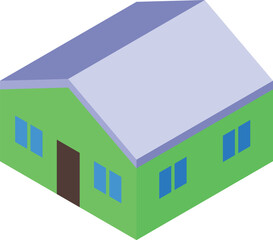 Simple isometric house with purple roof and green walls standing out on white background