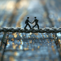 two people are holding hands on a rope

