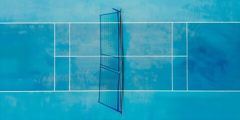 Aerial view of blue rubber sports ground with tennis net and lines. Concept Sports Ground, Tennis Court, Aerial View, Blue Rubber Surface