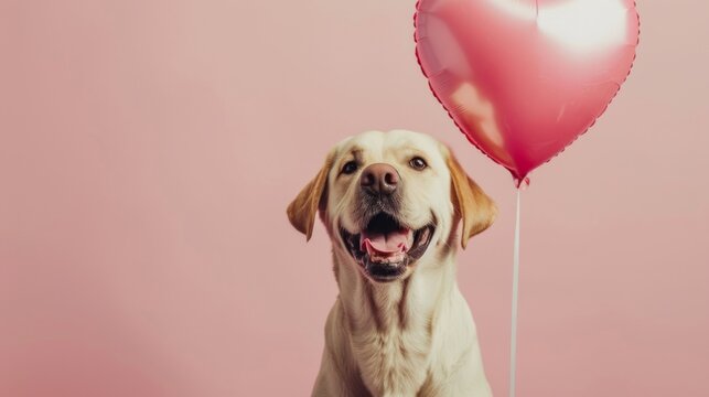 Happy Dog with Heart Balloon on Pink Background