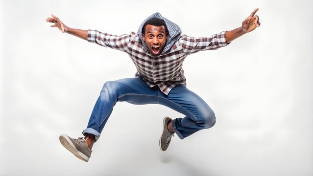 Energetic African American man jumping in mid air with arms outstretched and mouth open - Powered by Adobe