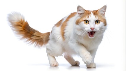 Obraz premium Fluffy white and ginger cat with bright yellow eyes looking surprised with mouth open and walking forward on white background