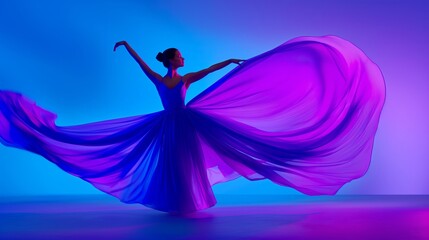Fototapeta premium A woman in a purple dress is dancing with a long flowing skirt. The image has a dreamy and ethereal quality, with the woman's movements and the flowing skirt creating a sense of grace and beauty
