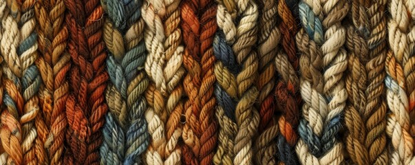 Close-up of multicolored, braided wool texture showcasing a rich pattern with warm hues and intricate detail, perfect for textile and craft projects.