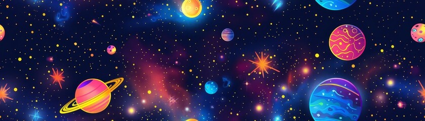 Colorful cosmic background with vibrant planets, stars, and nebulae. Ideal for space-themed designs and cosmic art projects.