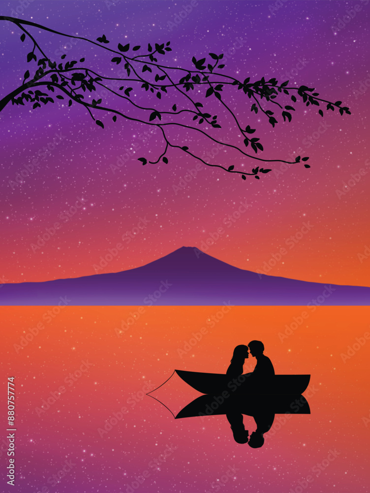 Sticker lovers in boat. mountain and branches under romantic night starry sky