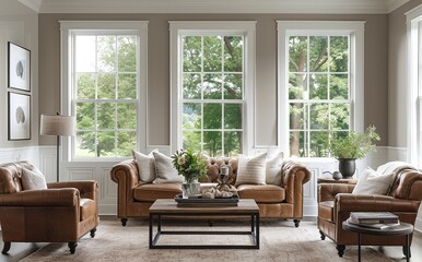 Elegant Living Room with Three White-Framed Windows and Light Gray Walls - Brown Leather Sofa, Armchairs, Decorative Coffee Table, and Soft Floor Lamp, Embodying Modern Comfort with Minimalist Editing