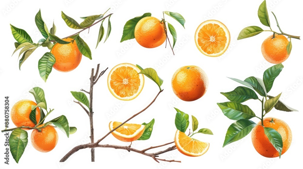 Poster Fresh oranges hanging from the tree branch