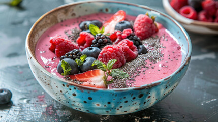 Healthy berry smoothie bowl with chia seeds, fresh raspberries, blackberries, blueberries, and strawberries in a ceramic bowl