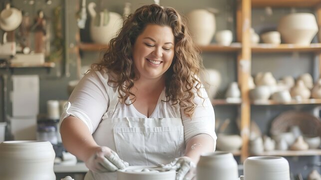 Embracing Creativity: Plus-Size Woman Engaging in Hands-On Pottery Class at Studio for Creative Expression