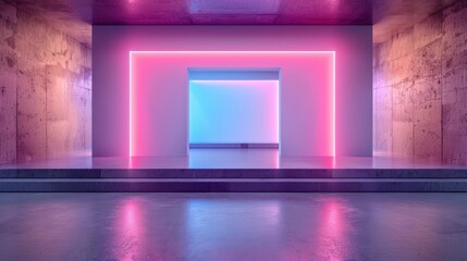 Modern interior with neon lights and futuristic ambiance, featuring vibrant pink and blue hues in a sleek, minimalistic design.