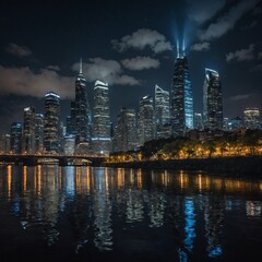 Obraz premium A bustling city skyline illuminated against the night sky with reflections on a nearby river.