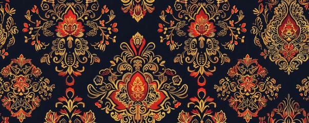 Elegant vintage damask pattern in gold and red on a dark background. Ideal for textiles, wallpapers, and backgrounds. Decorative and luxurious design.