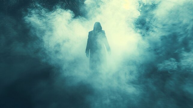 Ghostly figure emerging from a foggy forest with shadowy trees