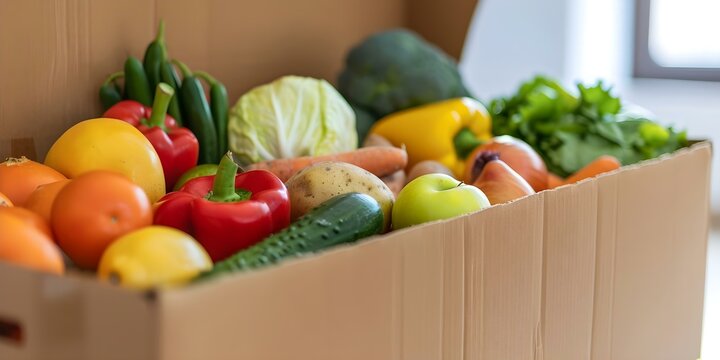 Food delivery box filled with fresh vegetables and fruits for a food bank. Concept Food Bank, Fresh Produce, Donation, Food Delivery, Community Support